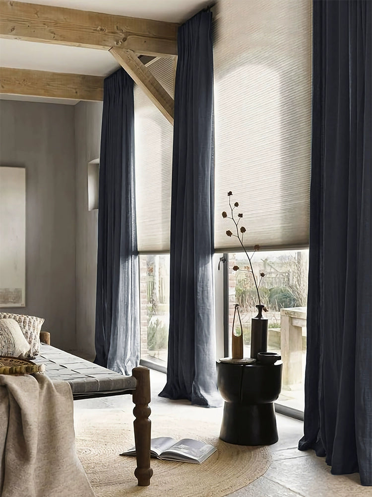 Crow Blue Pure Linen Curtains – Semi-Blackout Floor-to-Ceiling Drapes