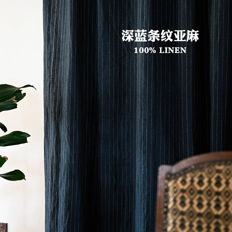 Dark Blue & Gold Striped Linen Curtains – Yarn-Dyed Pure Linen Drapes