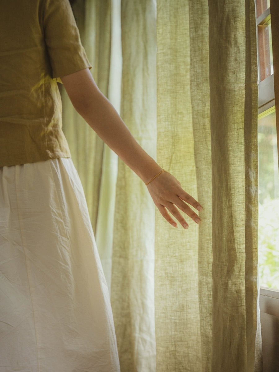 Rainy Green Pure Linen Curtains – Japanese Style Natural Window Drapes
