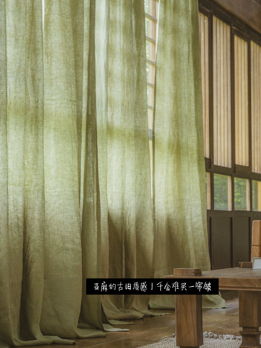 Rainy Green Pure Linen Curtains – Japanese Style Natural Window Drapes