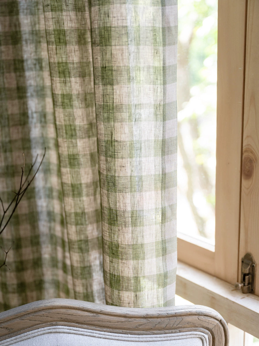 astoral Green Plaid Linen Curtains – Natural Light Window Drapes