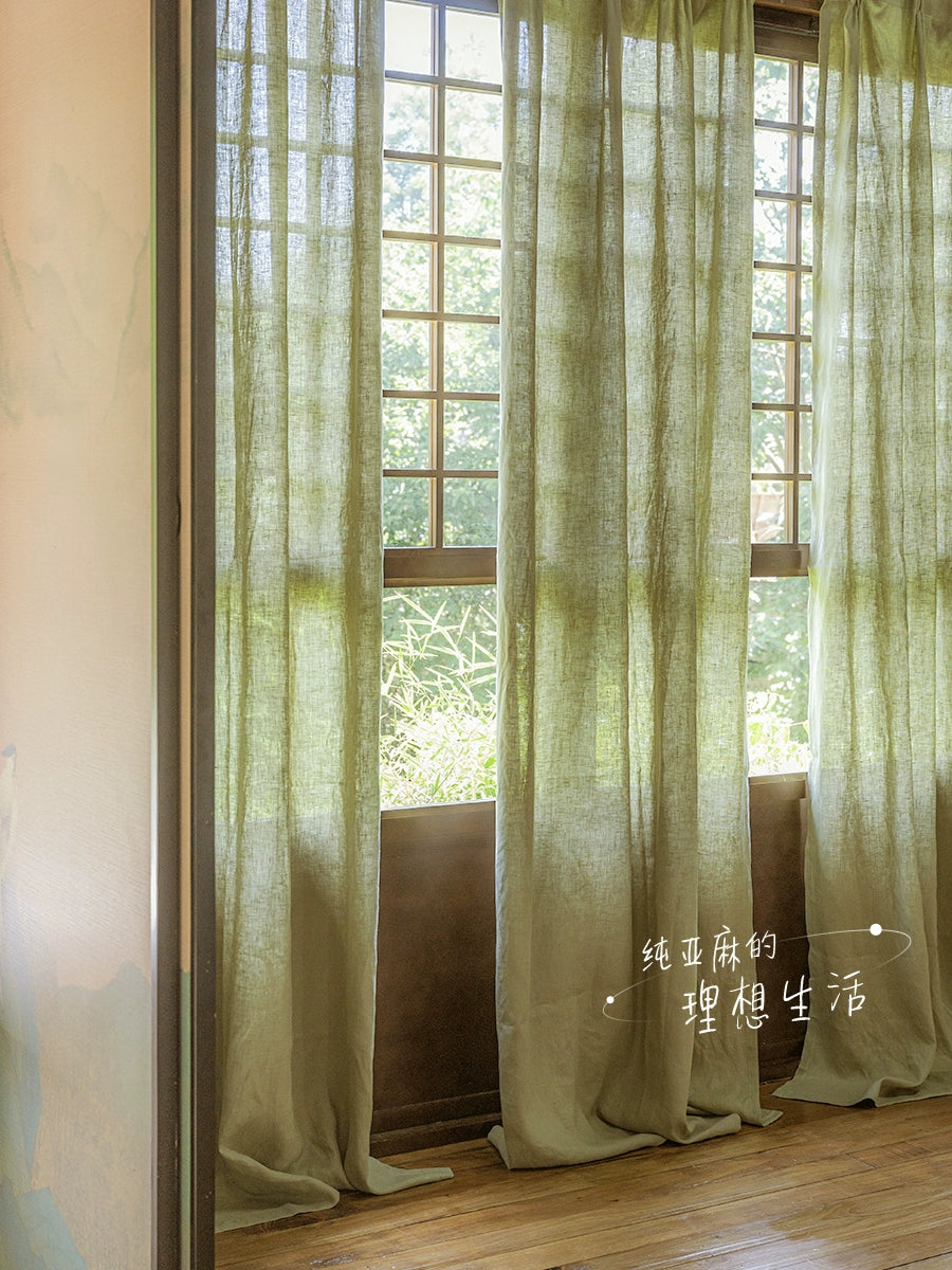 Rainy Green Pure Linen Curtains – Japanese Style Natural Window Drapes