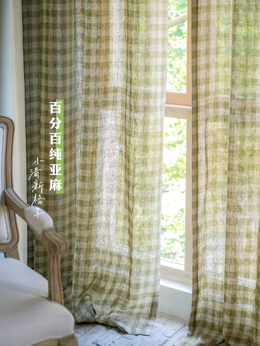 astoral Green Plaid Linen Curtains – Natural Light Window Drapes