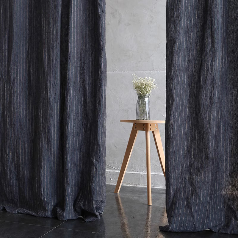 Dark Blue & Gold Striped Linen Curtains – Yarn-Dyed Pure Linen Drapes
